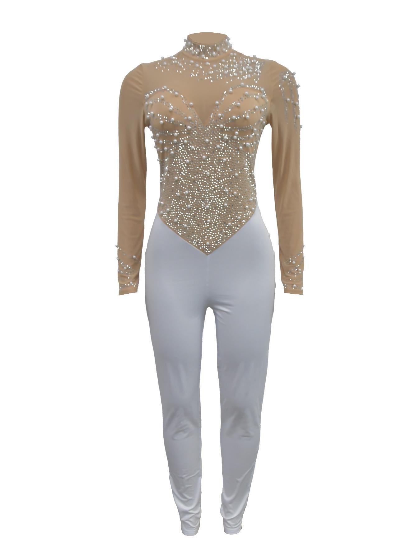 Women's Plain Rhinestone Decor Mock Neck Mesh Material Breathable Skinny Jumpsuit, Elegant Fashion Long Sleeve Zipper Jumpsuit for Party Club Dating, Valentine's Day Gift for Girl, Ladies Spring & Fall Clothes, Womenswear