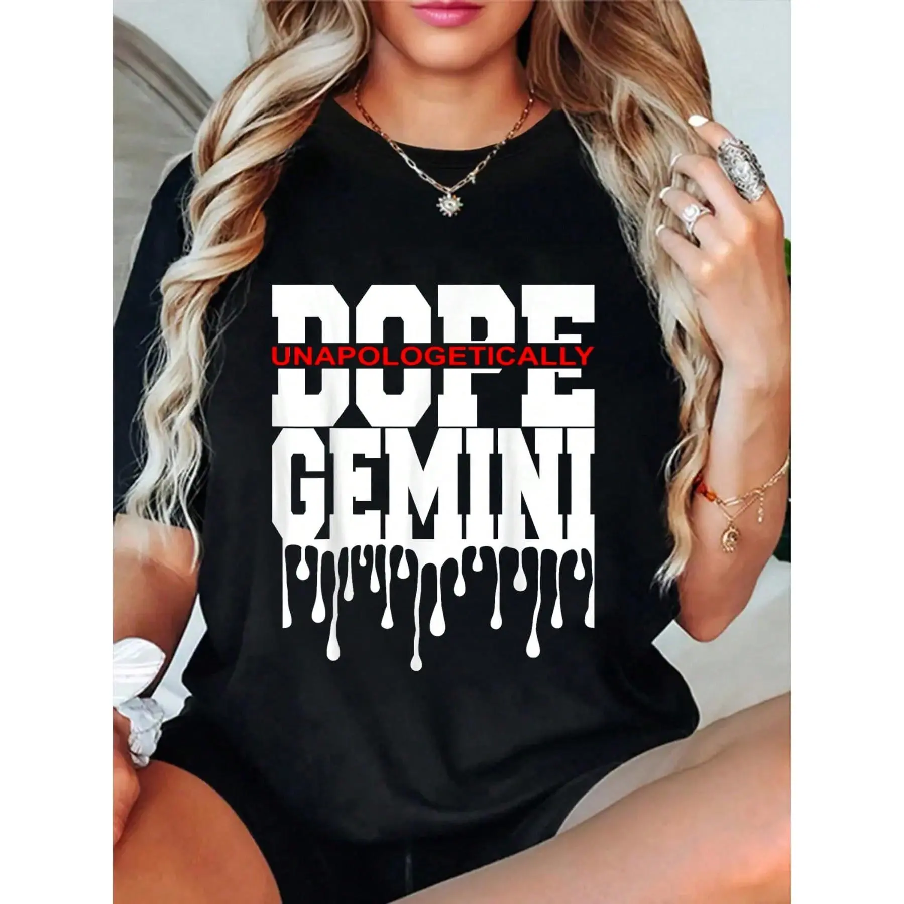 100% Cotton Knitted Shortsleeve Casual Top, Crew Neck Gemini Astrology Zodiac Graphic T-Shirt with Dope Queen King Decor, Funny Sarcastic Sport & Outdoor Sports Top, Fabric, Print, Tops