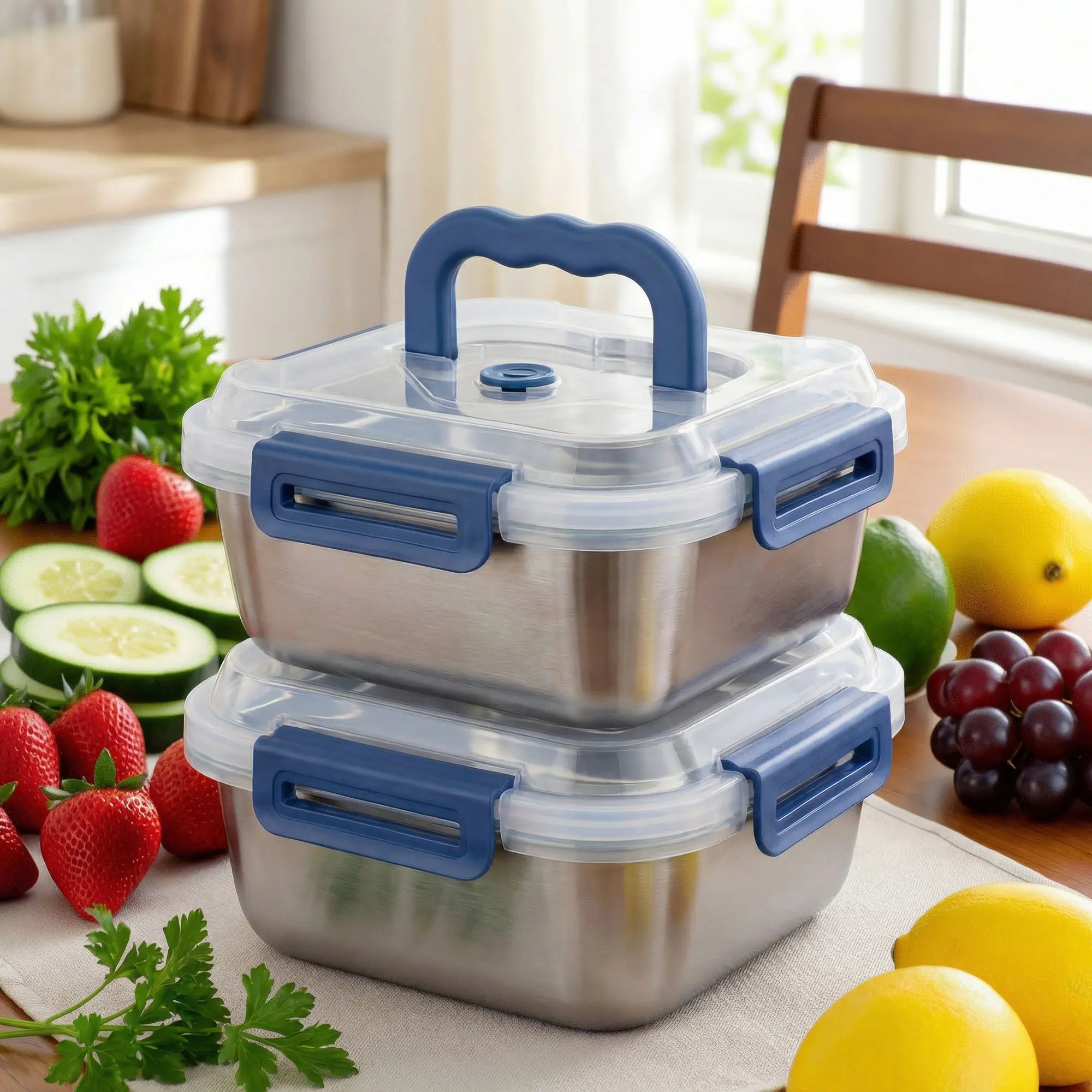Yakimoto Extra-Large Stainless Steel Food Storage Containers (2/4/6/8/10 PCS) with Blue Airtight Lids - Deep Design for Refrigerator Organization, Meal Prep, Kitchen Pantry