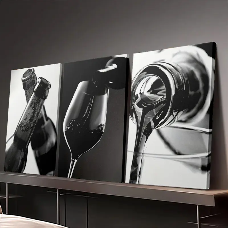 3-Piece Framed 2D Flat Canvas Art Prints - Stylish Black and White Liquor Glass Posters, Ideal for Bar and Home Wall Decoration Artwork