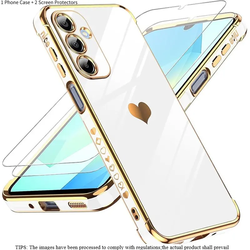 3 In 1 Luxury Electroplated Side Love Heart Soft Shockproof TPU Shell Bumper Phone Case Set With 2 Screen Protectors, Full Camera Protection For Samsung Galaxy A56 A55 A36 A35 A34 A54 A53 A57 A37 A26 A17 A16 A15 A14 A52