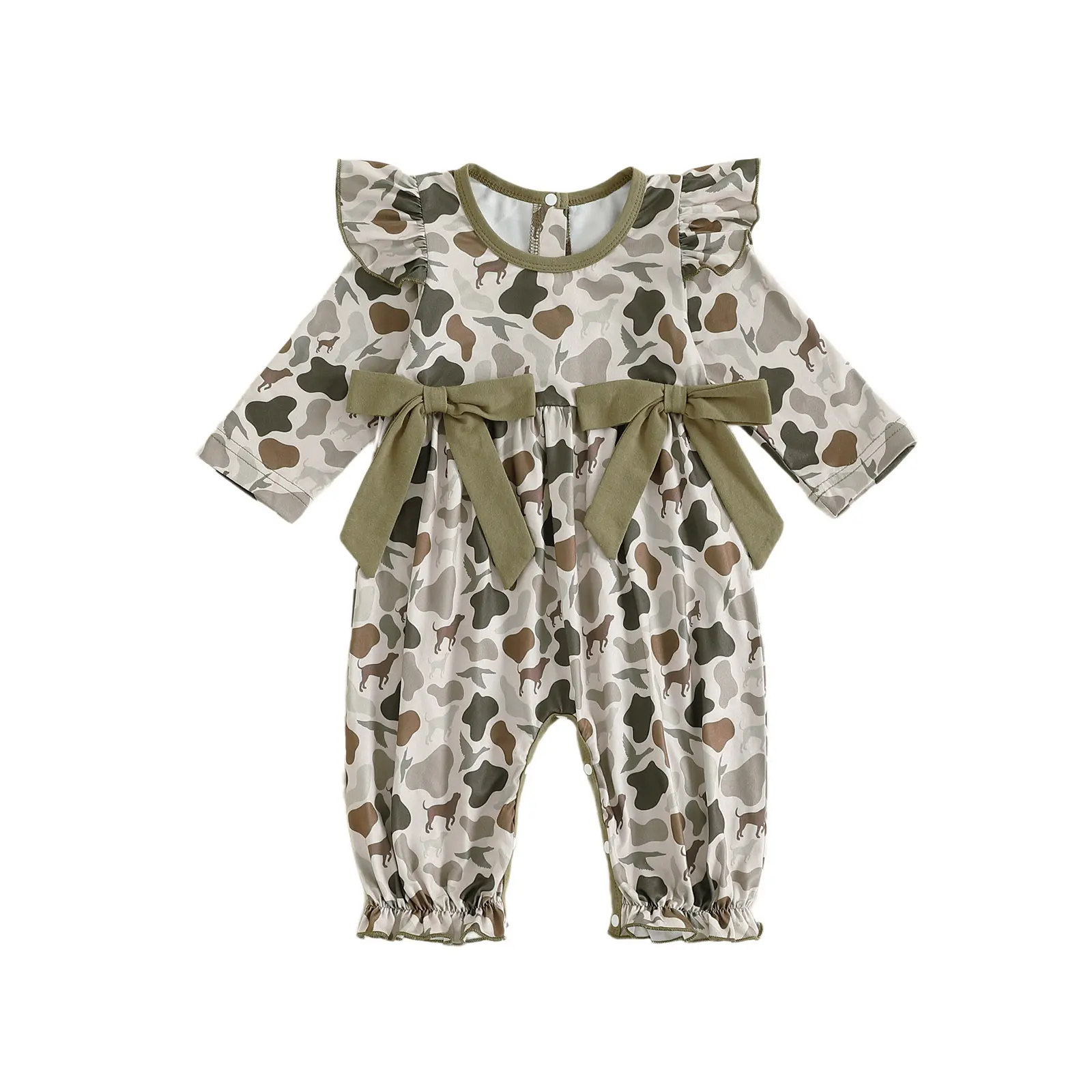 Infant Baby Girls Fall Winter Romper Long Sleeve Round Neck Camouflage Print Ruffle Jumpsuit 0-18 Months