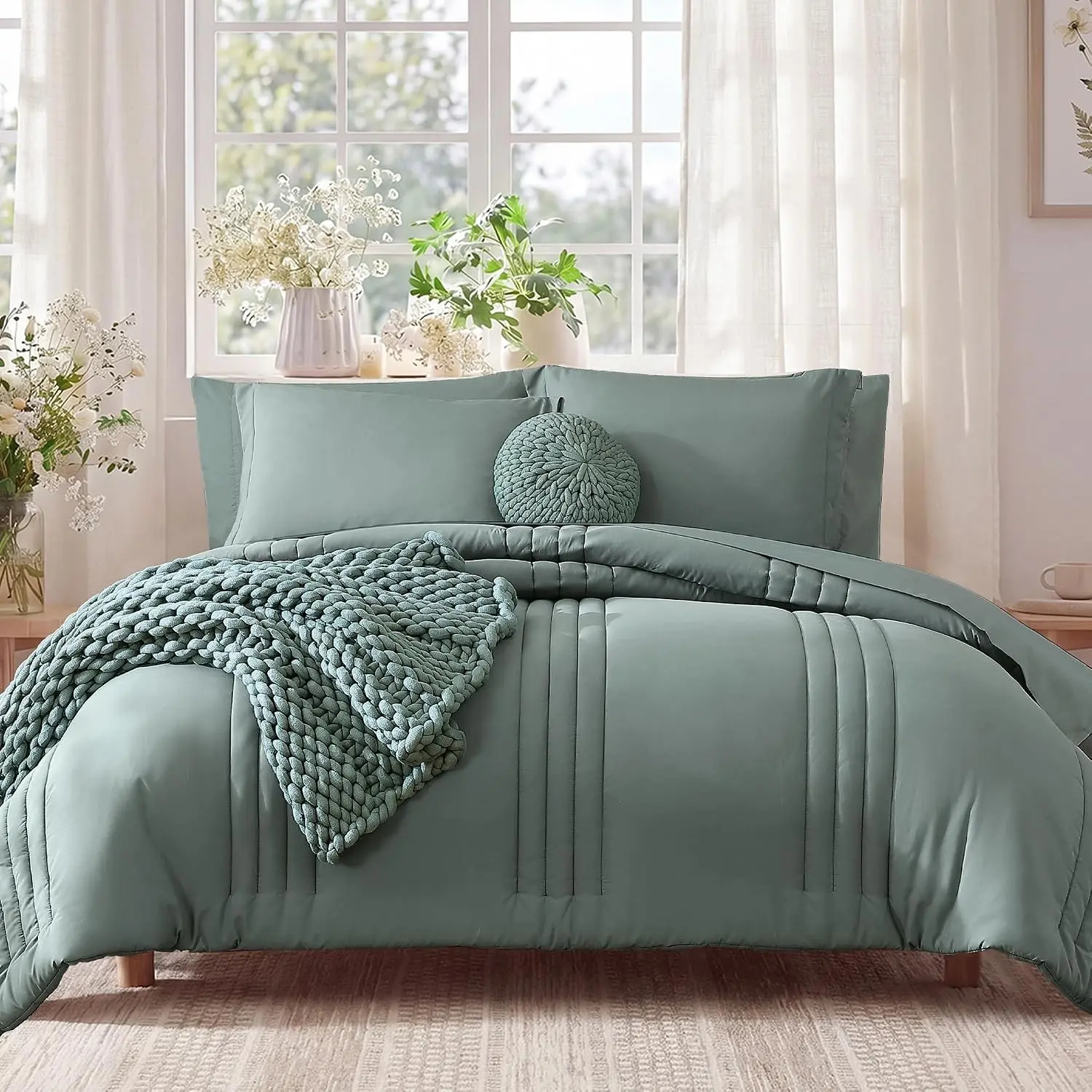 Queen Comforter Set - 7 Pieces Sage Green Bed in a Bag Queen Bedding Sets with Comforters, All Seasons Comforter Bed Set with Sheets,Pillowcases & Shams