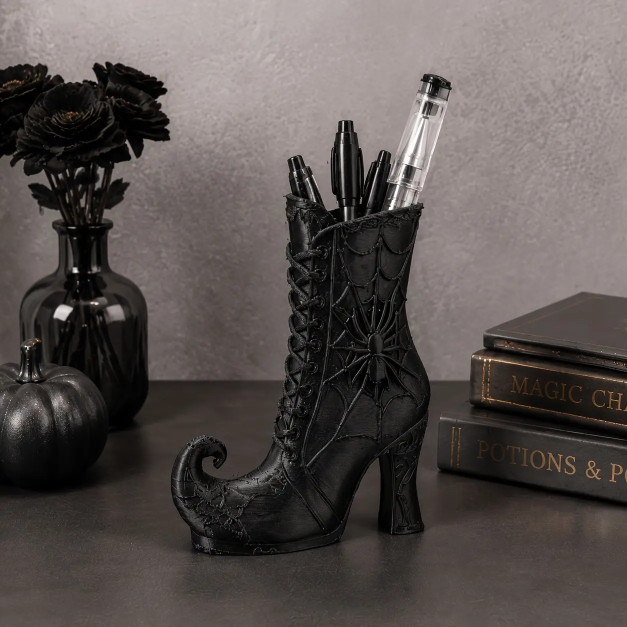 2-Pack Witch Boot-Shaped Pen Holders, 3D Printed Unique Eyebrow Pencil Organizer, Creative Desk Accessories for Makeup Tools
