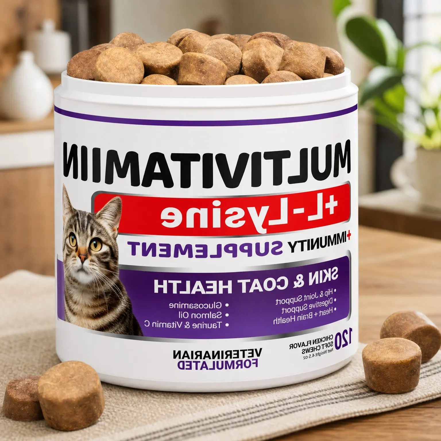 Cat Multivitamin Chews with Taurine, Lysine, Omega-3, Glucosamine & Cranberry – Supports Skin, Coat, Hip & Joint, Immune, Heart & DigestionGift