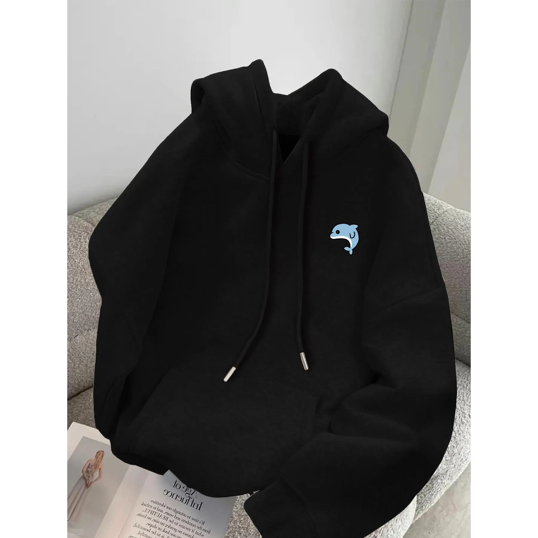 Men's Casual Hooded Sweatshirt Tops, Everyday Wear with Chest Blue Dolphin Motif Logo Print