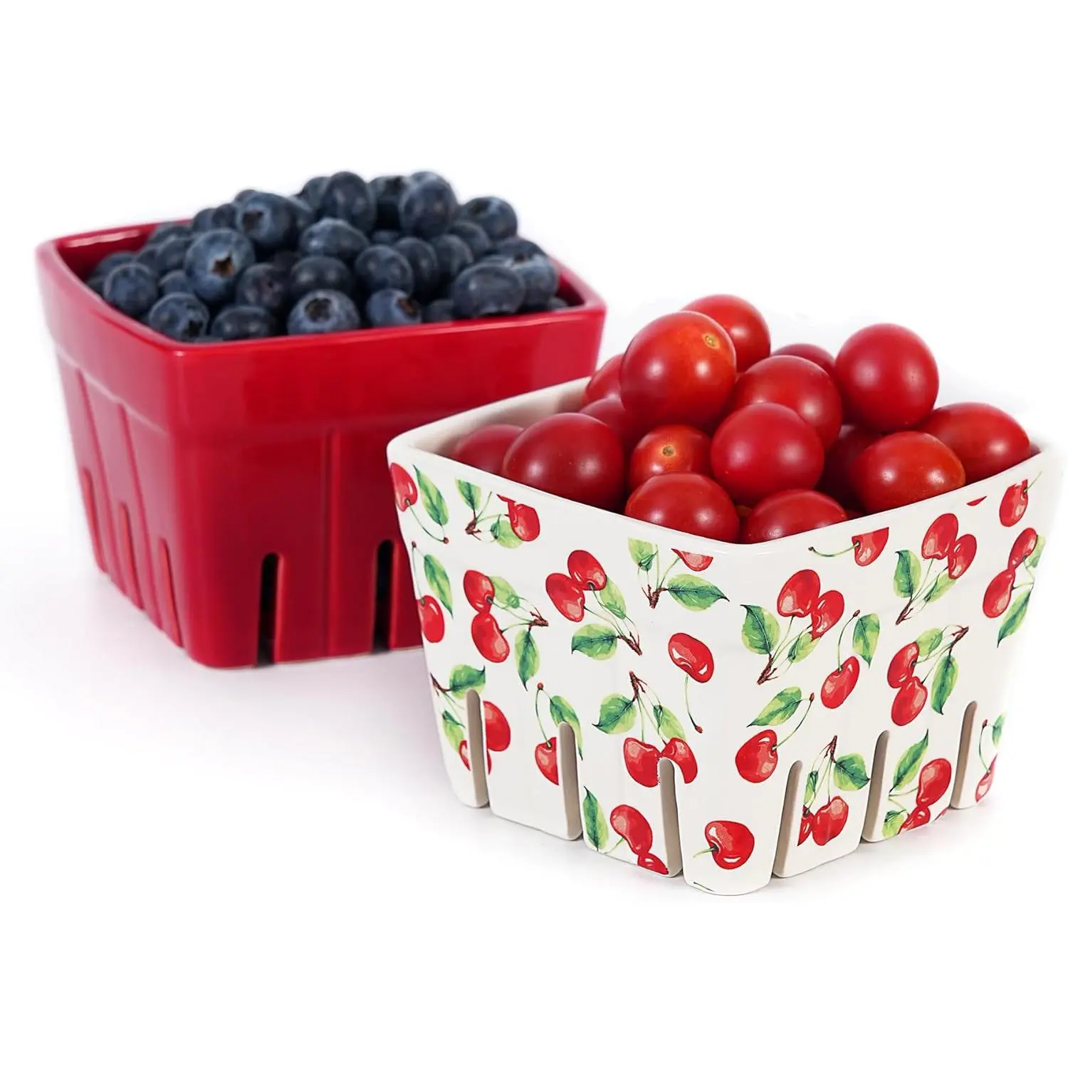 Ceramic Berry Basket Set of 2,4.7" Square Berry Bowls with Holes,Fruit Bowl Colander for Kitchen Counter & Fridge,Stoneware Harvest Bowls,Farmhouse Cherry & Red Design,Decorative Fruit Baskets & Gift