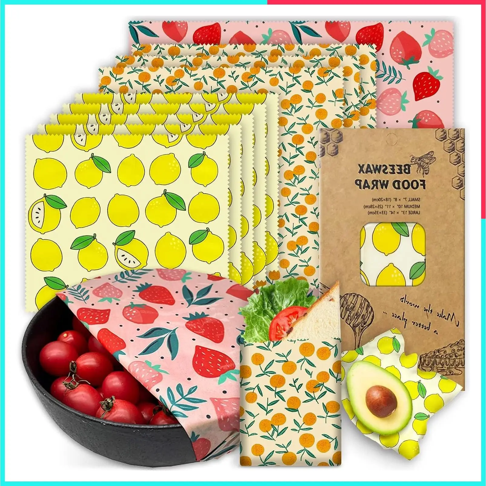 Reusable Beeswax Wraps 9 Pack - Eco-Friendly Organic Food Storage, Sustainable, Biodegradable, Zero Waste, Plastic-Free, Strawberry, Orange, Lemon Patterns