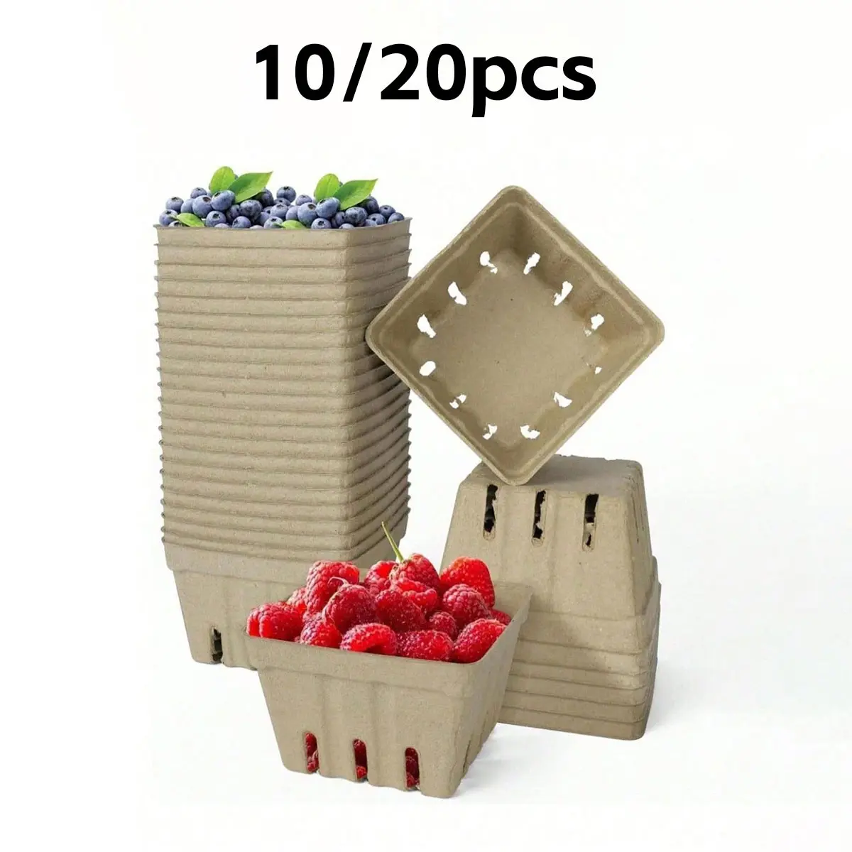 10/20 Piece Natural Wood Pulp Berry Basket, Small Molded Fruit Bowl for Strawberries, Blueberries, Raspberries, Vegetable Display, Farm Market, Grocery Store Bulk Baskets