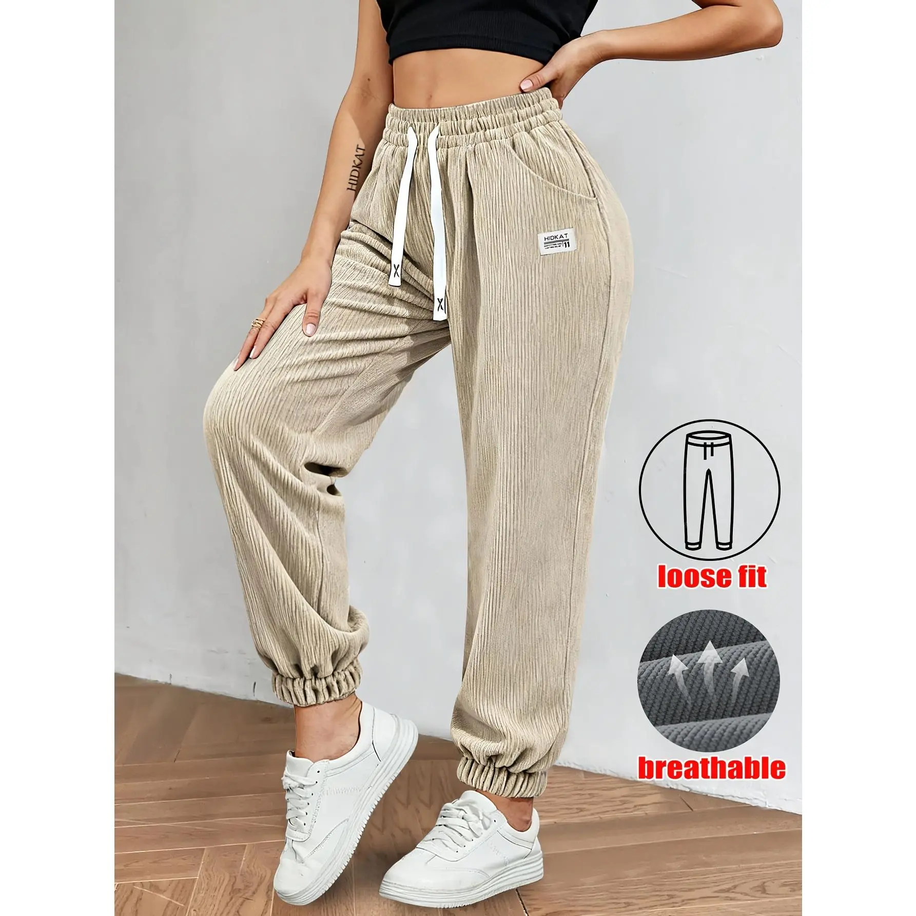 Spring Fall Womens Cozy Corduroy Casual Sweatpants | Plush Soft Breathable Cord Material, Custom Drawstring High Waist for Relaxed Loose Fit, Practical Side Hand Pockets for Small Items, Minimal Label Decor Cuffed Jogger Silhouette, Great for Daily Errand
