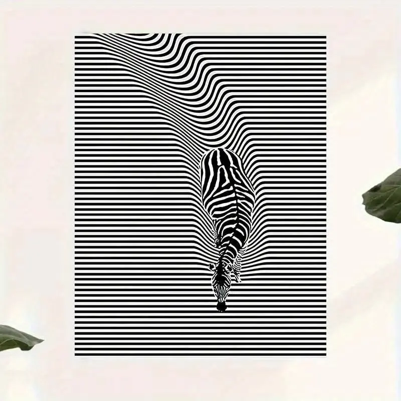 Monochrome Optical Illusion Zebra Canvas Wall Art, Continuous Curved Parallel Lines Hidden Zebra Minimalist Abstract Canvas Painting, Sleek Aesthetic Geometric Wall Decor for Entryway Cafe Apartment Game Room