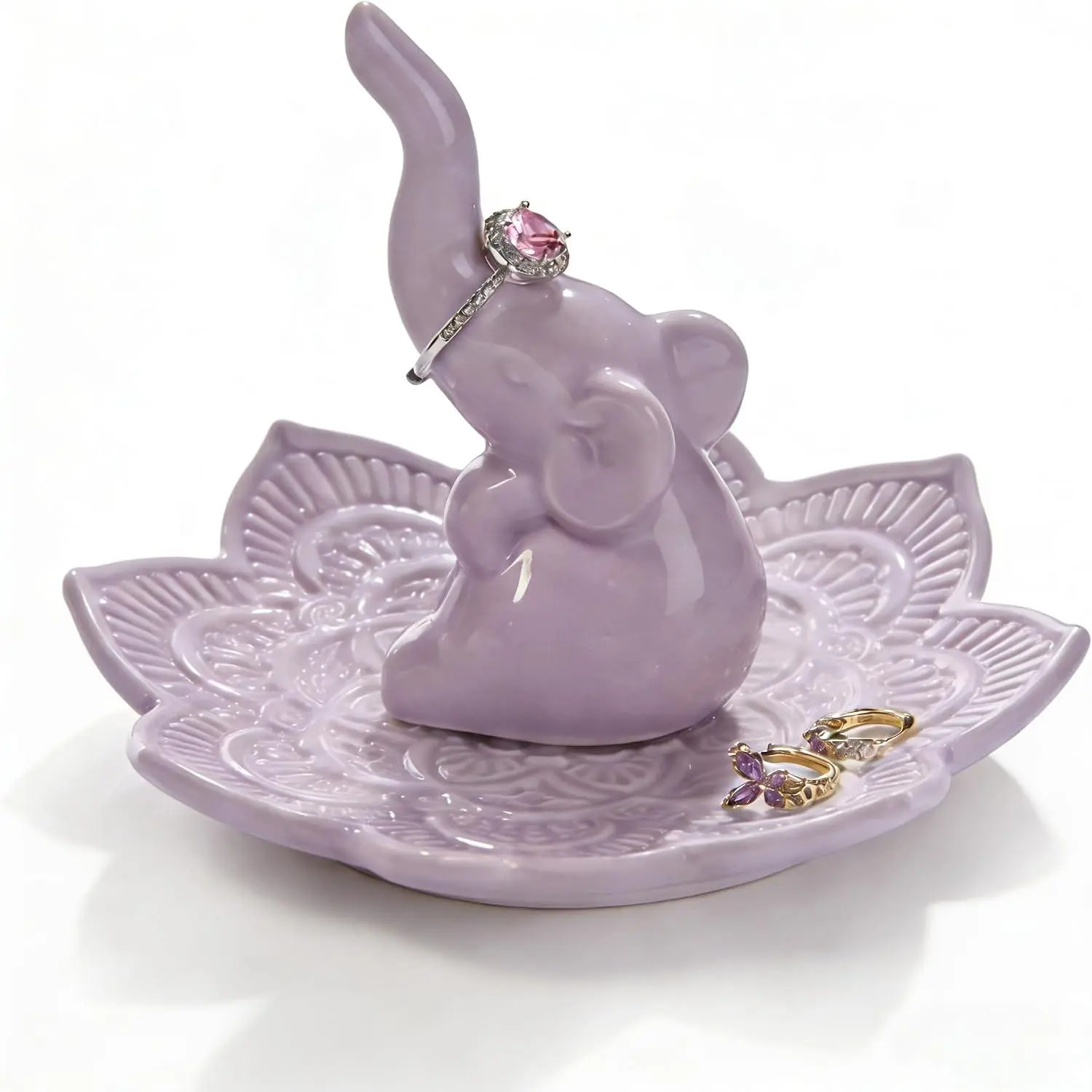 Elephant Ring Holder  Dish for Women, Lavender Mandala  Organizer for Rings Earrings Necklaces, Birthday Christmas Elephant Gifts for Women Mom Sister