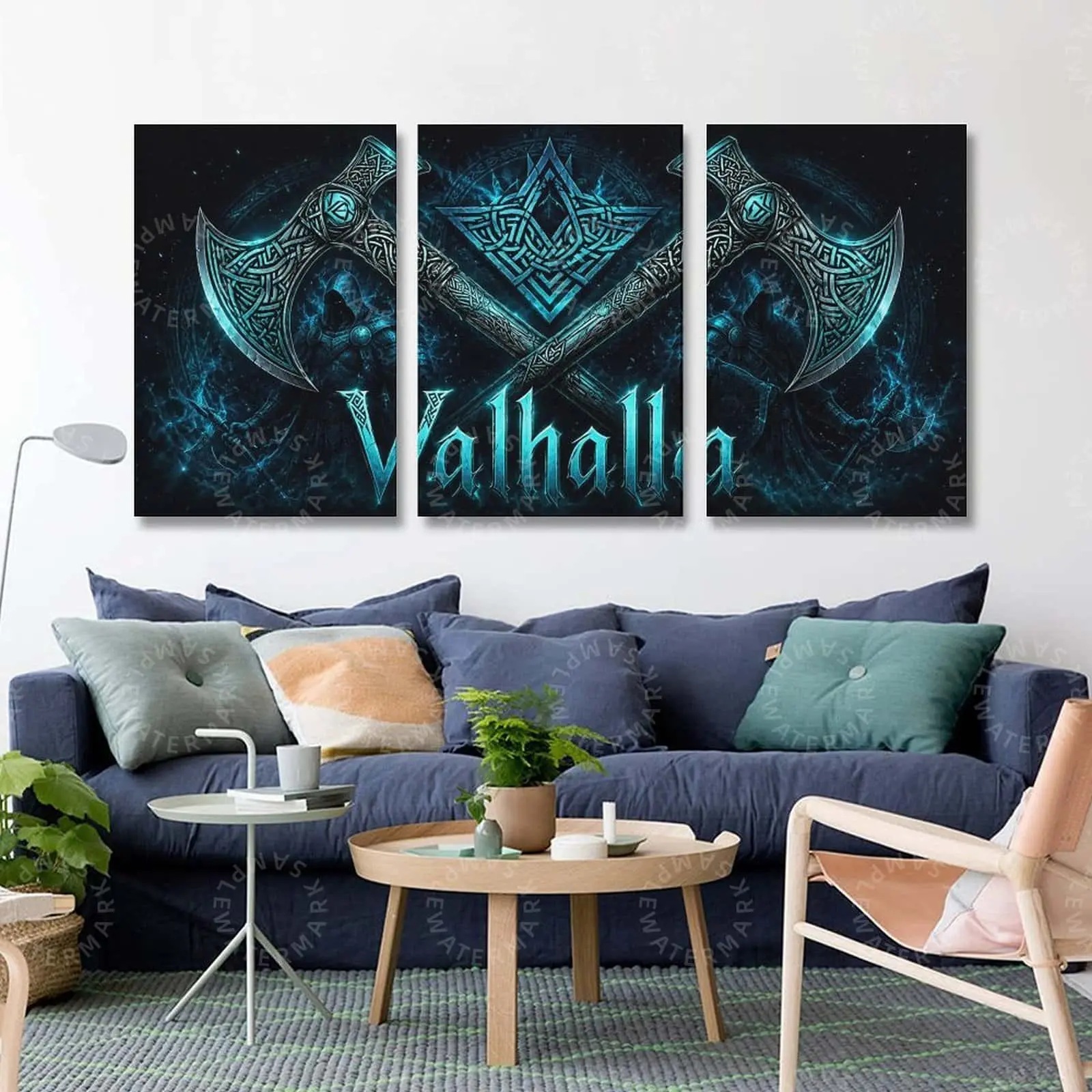 Valhalla Viking Axe Triptych Wall Art Canvas, Nordic Mythology Rune Battle Aesthetic Poster, Dark Blue Norse Warrior Gaming Room Bedroom Living Room Decor, Medieval Fantasy Wall Art Gift