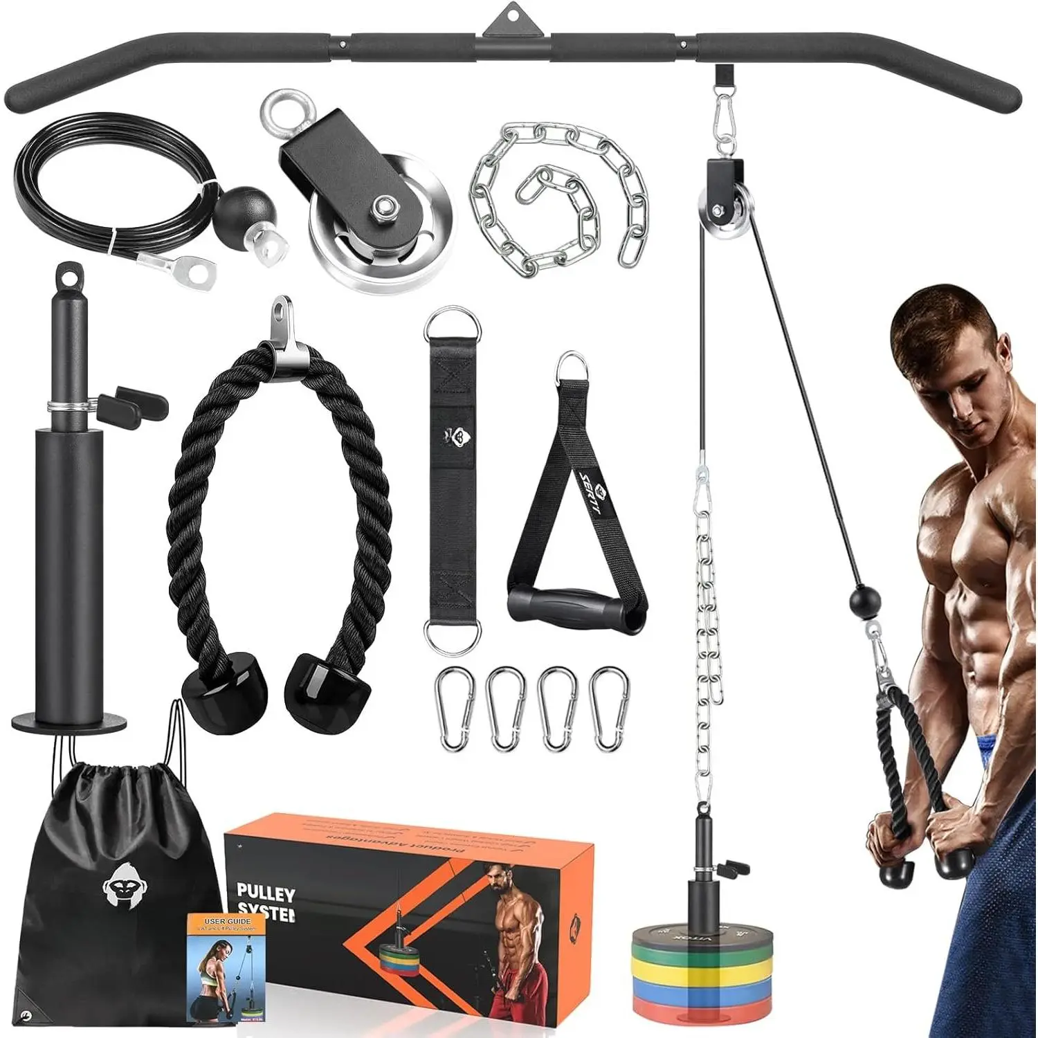 Pulley System Gym, Power Rack Pulley Attachment with 2-in-1 LAT Pull Down Bar and Upgraded Loading Pin, for Triceps Pulldown, Biceps, ,