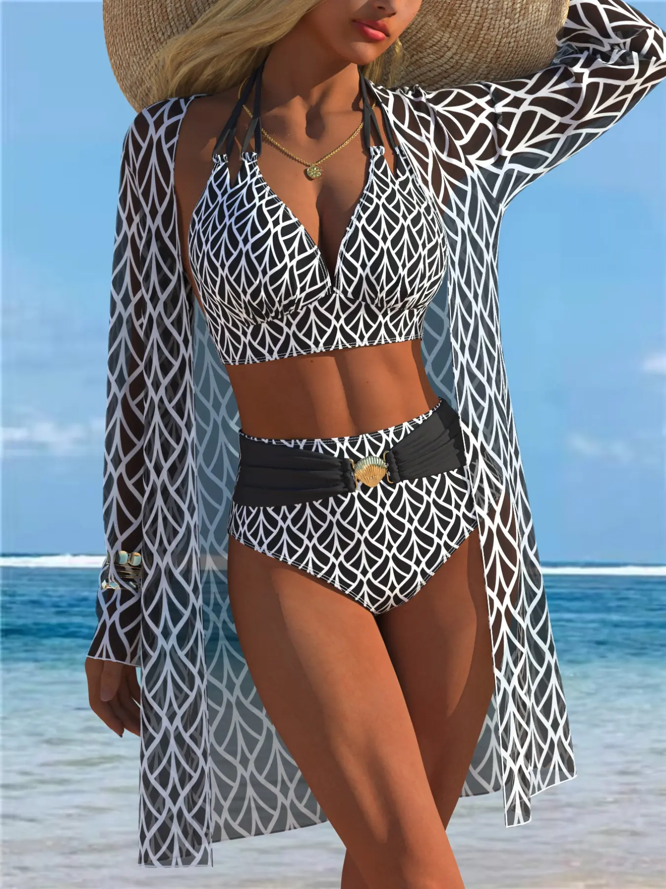Women's Halter Neck V-Neck High-Waisted Bikini Set, Shell Buckle, Long Sleeve Transparent Sun Protection Cover-Up, Vacation Swimwear