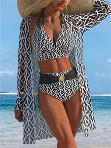 Women's Halter Neck V-Neck High-Waisted Bikini Set, Shell Buckle, Long Sleeve Transparent Sun Protection Cover-Up, Vacation Swimwear