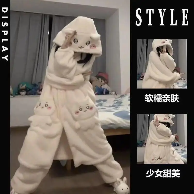 Anime chiikawa Winter New Thick Velvet Robe Cartoon Cute Hoodie Long Style Kawaii Coral Velvet Soft Pajama Women's Home Clothes