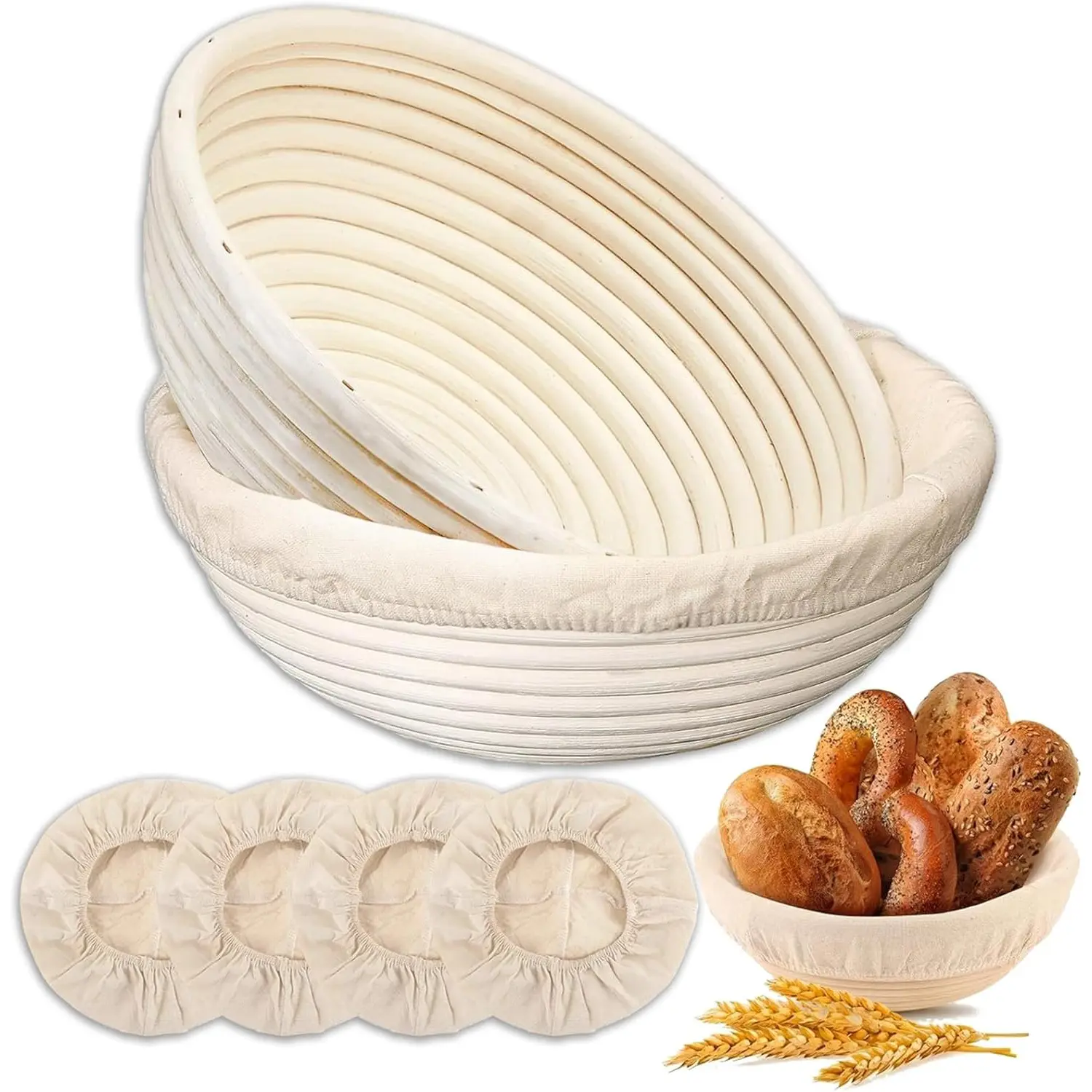 9 in Round Natural Rattan Banneton Bread Proofing Set - 2 Baskets with 4 Linen Liners, Essential Sourdough Baking Supplies for Kitchen Bakeware, Round Shape