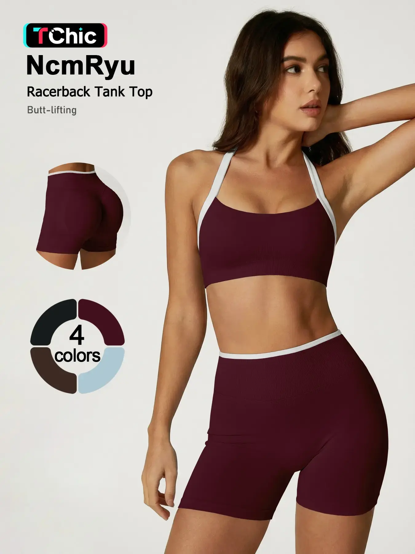Women's Two-Piece Sportswear Set, High Elasticity Quick-Dry Fabric, U-Neck Design, Peach Butt Shape, Breathable, Sweat-Wicking, Gym Shorts Top, Activewear Set