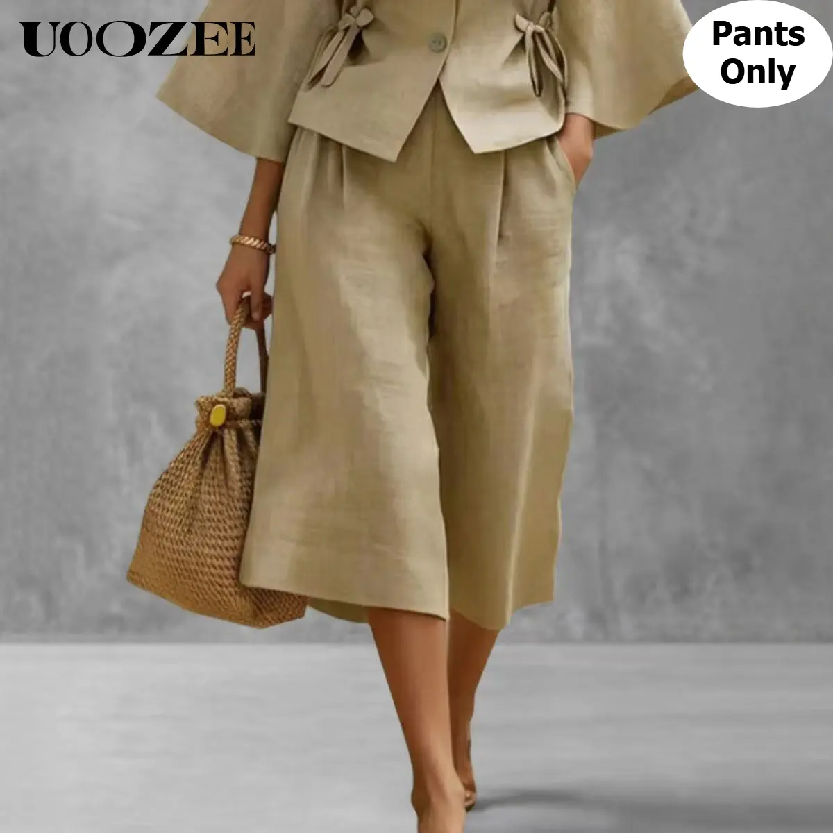 UOOZEE Women's Linen Blend Pants, High Waist Loose-fit Culottes with Pleated Front, Wide Leg Capri Cut, Cold Machine Wash, Real Pockets, Wide-Leg Pants, Bottom, Hip