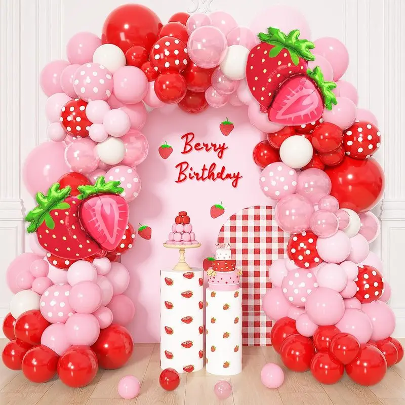 171PCS Strawberry Balloon Garland Arch Kit Red Pink White Berry Theme Party Decorations with Foil and Polka Dot Balloons for Girls First Birthday Baby Shower Summer Party