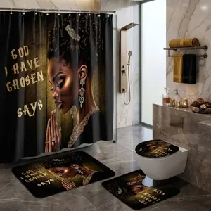 4pcs Black Queen Bathroom Decor Set, Christian Faith Shower Curtain with Gold Prayer Quote, Afro Goddess Vintage Boho Chic, Gothic Glam, TikTok Shop Trending Home Decor, Holiday Gift Idea