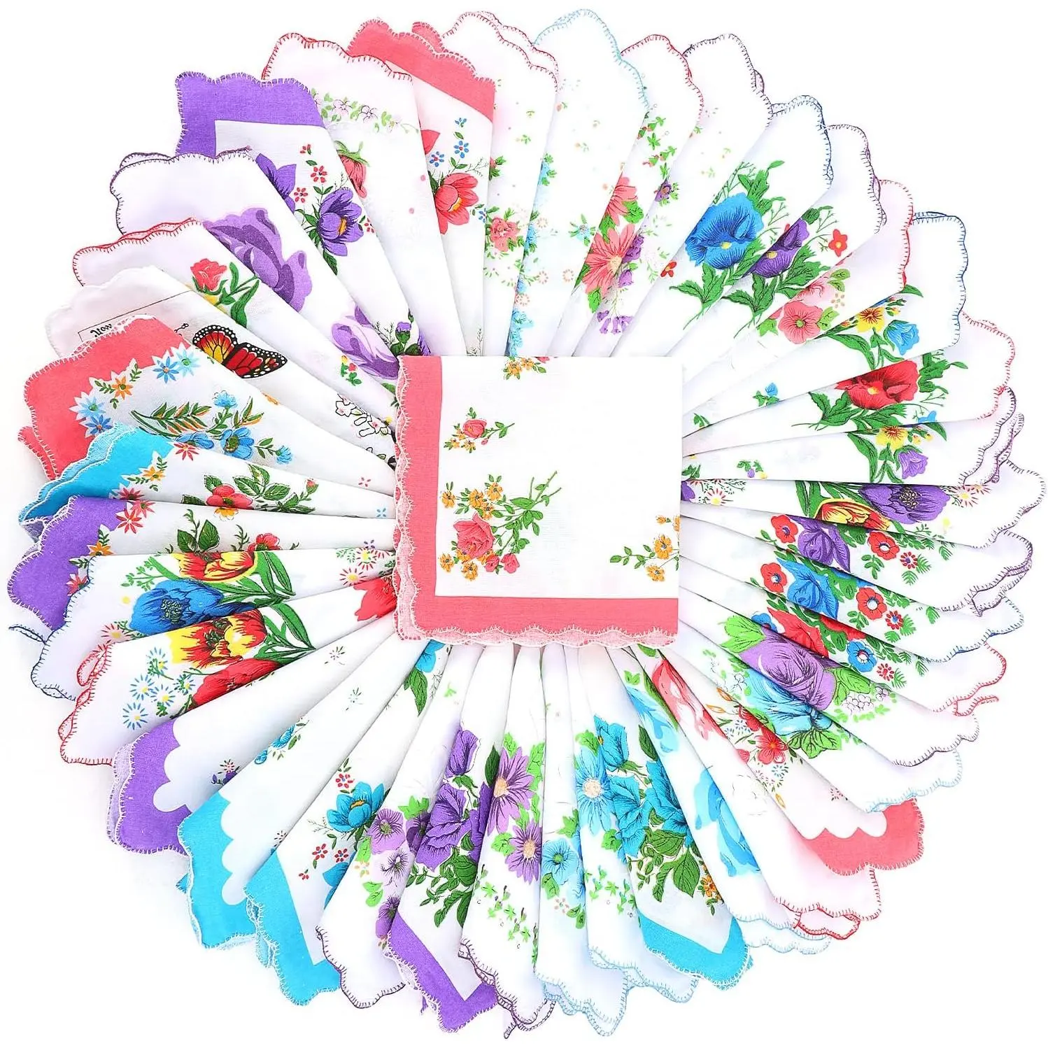 40 Pack Cotton Handkerchiefs, 11.4" Women Hankies with Floral Print| Vintage Ladies Tea Party Hanky with Wavy Edge, Pocket Square Towel for Gifting, Weddings, Home Decor Party