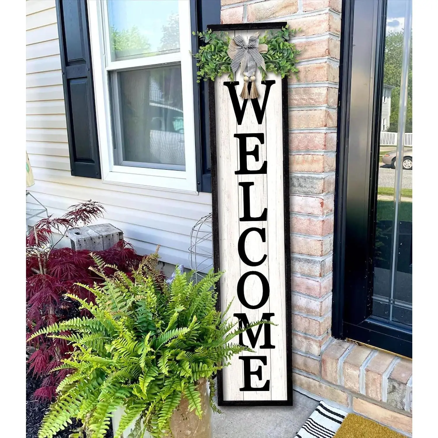 Welcome Sign for Front porch Standing 45"X9"Large Wood Frame Outdoor Tall Welcome Signs Vertical Decor for Farmhouse Rustic Home Modern Outside Front Door Wall Decorations (Black)