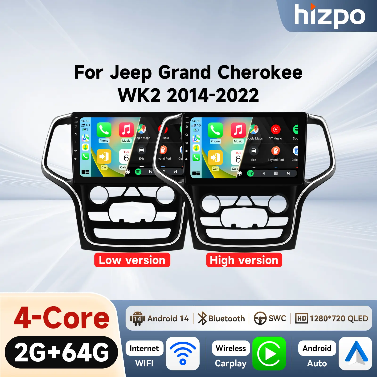 GPS Touch Screen Wireless Car Stereo for Jeep Grand Cherokee WK2 2014-2022, Full HD Navigation, Android System with WiFi, Wireless CarPlay Audio