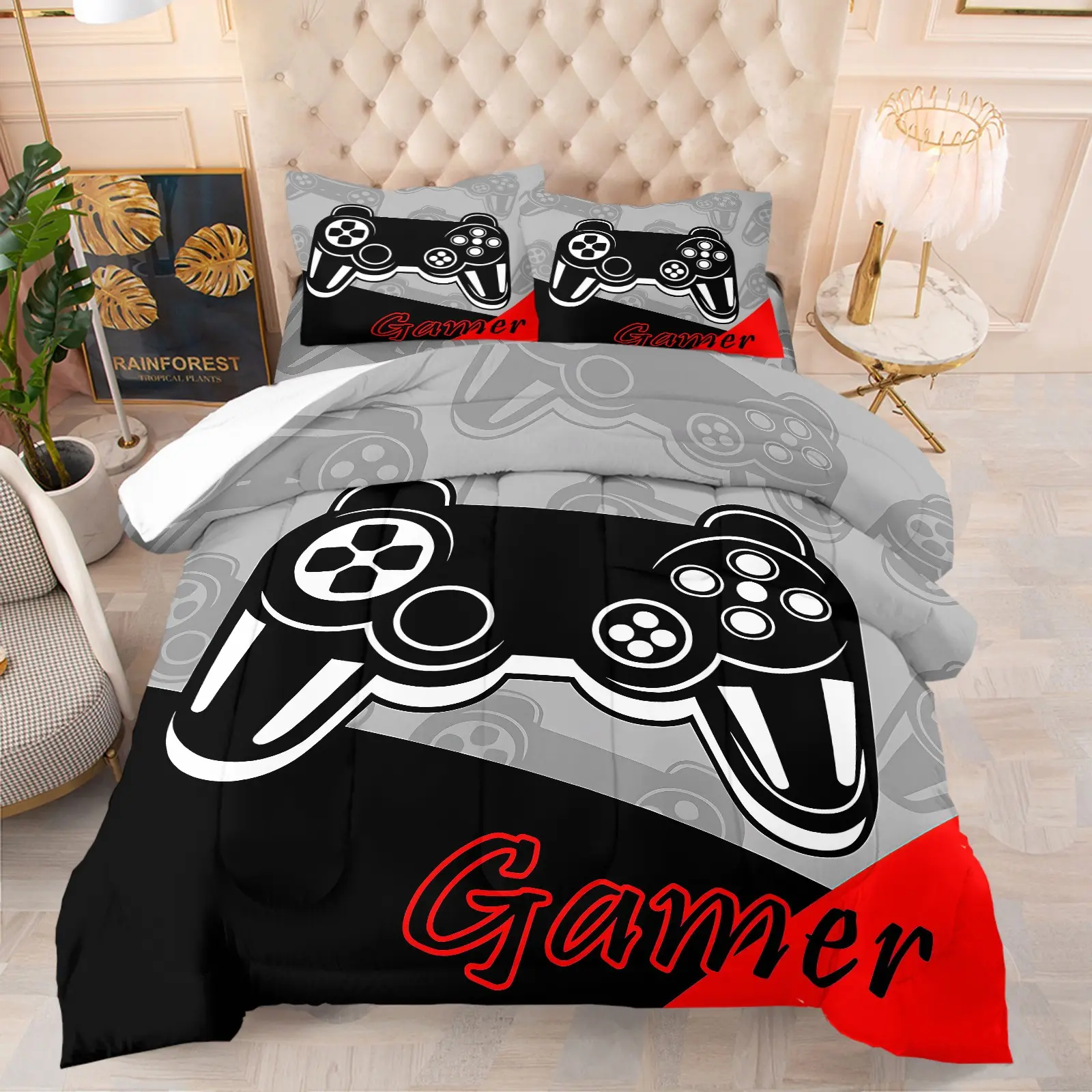 Monochrome Gamepad Gamer Letter Comforter Bedding Set, 1 Comforter + 1-2 Pillowcases, Durable Soft Comfy Washable Bed Set, High Definition Digital Print, Cool Gamer Bedroom Decor with Summer Vibe, Quilted Duvet Set