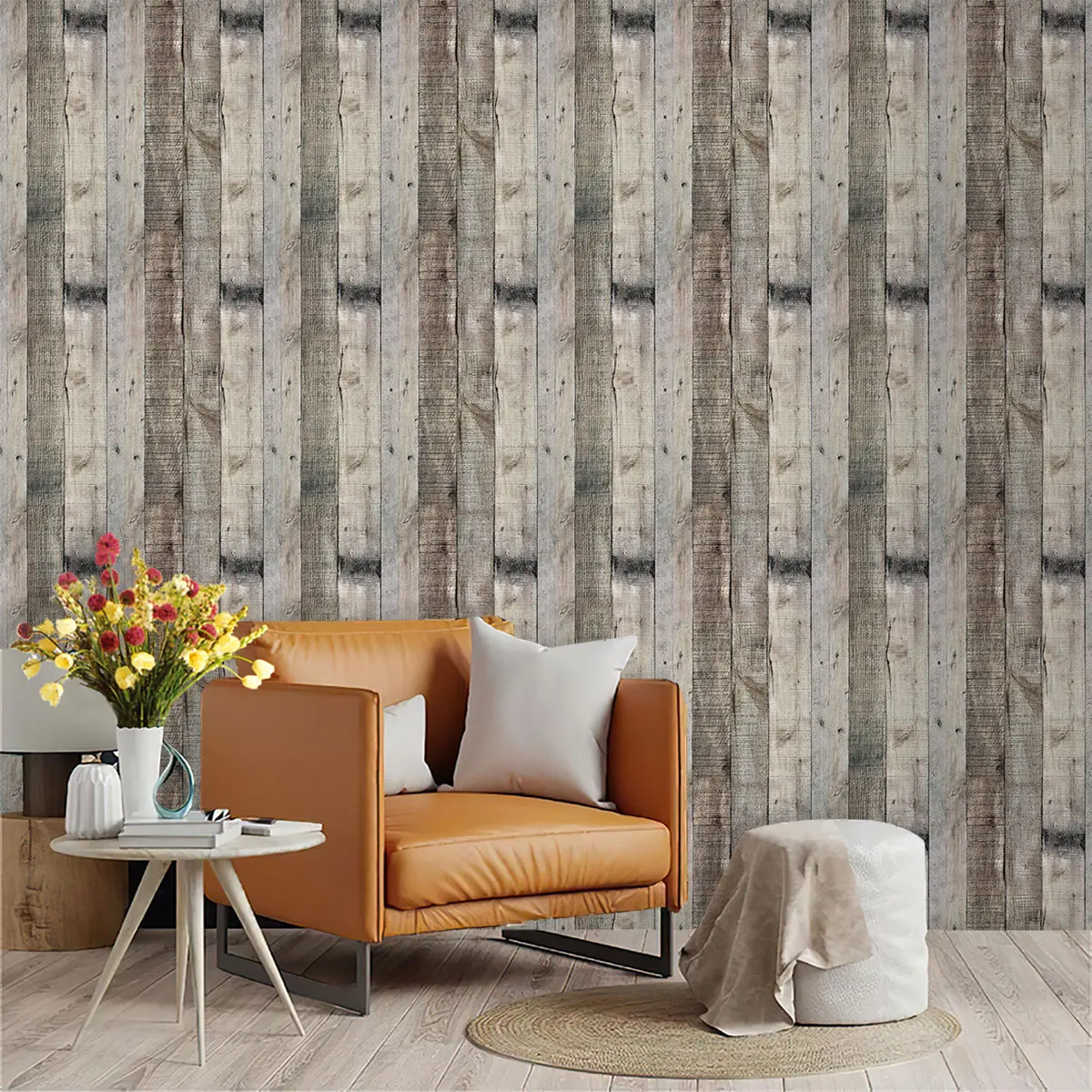 A retro wood-grain patterned cyclic wallpaper with a seamless design. Made of PVC with a self-adhesive backing, it can be easily peeled off and applied directly, suitable for furniture decoration, kitchen/living room/bedroom wall decoration, old wa