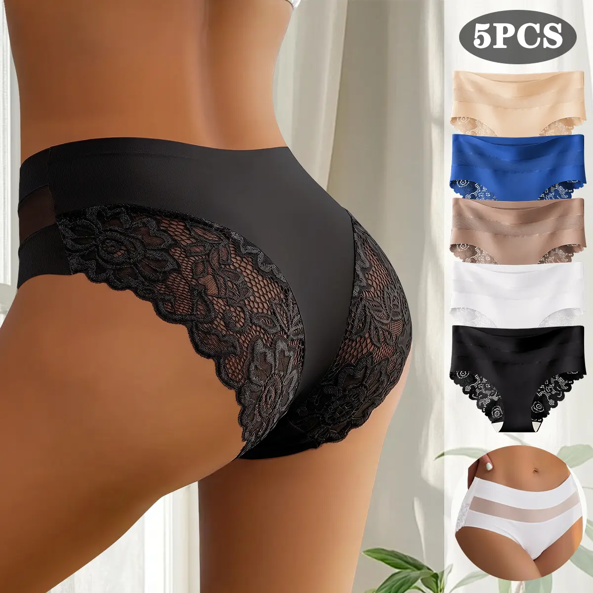 QUASTI Women's 5-Pack High Waisted Lacy Panties - Lingerie, 5 Colors, Soft Breathable Fabric, Minimalist Seamless No-Show Stretch Full Coverage Briefs, Romantic Summer Everyday Fitted Knickers (S-XXL)