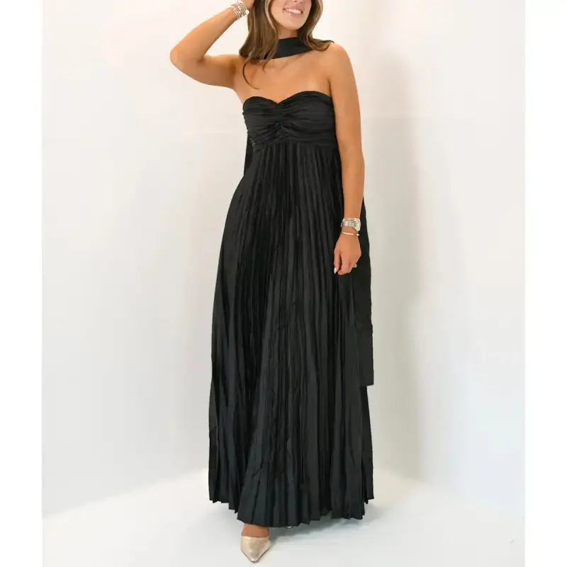 Women’s long solid-color pleated tube dress, summer fashion, backless casual strapless dress with choker scarf GARMENTARY