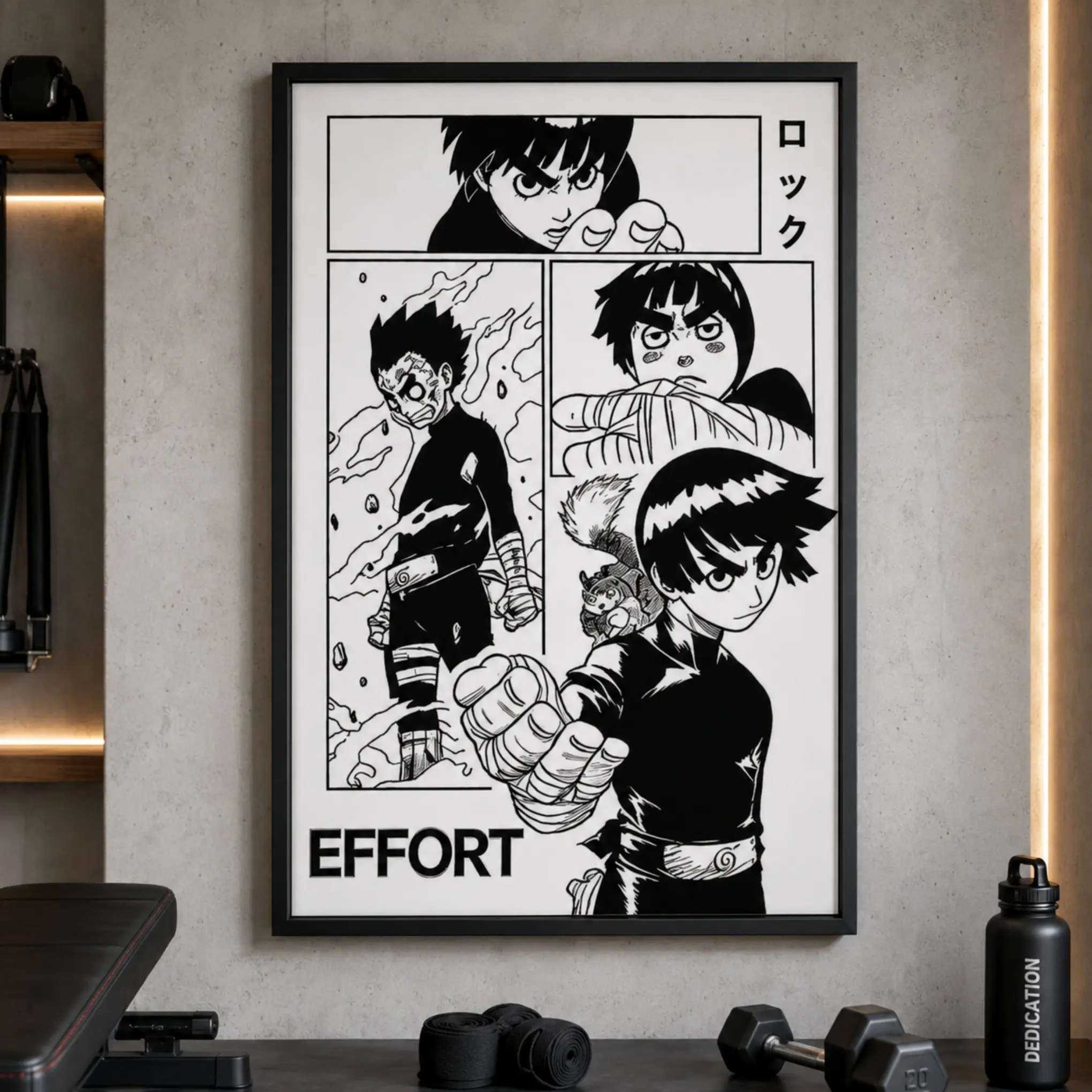 Rock Lee EFFORT Motivational Framed Canvas Wall Art Poster Black and White Naruto Manga Poster, Inspiring Anime Print for Home Gym, Bedroom, Gaming Room, Office, Dojo and Man Cave Decor, Gift for Anime Fans
