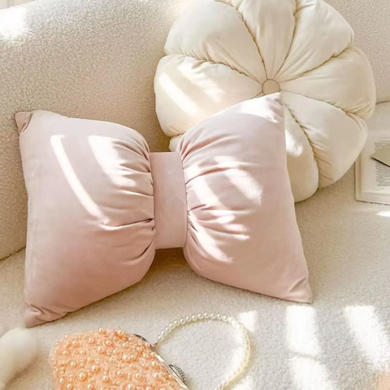 Cute Bow Pillow, Style Sofa Accent Decor, Fuzzy Heart Design, Perfect for Cozy Atmosphere, Couch Cushion, 1 Piece