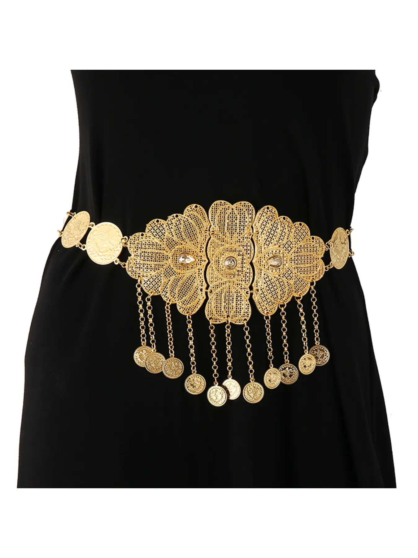 Heavy-Duty Ethnic Style Waist Belt with Gold Coin Tassel Pendants, Rhinestone-Encrusted Waist Ornament Body Chain for Belly Dance Accessories