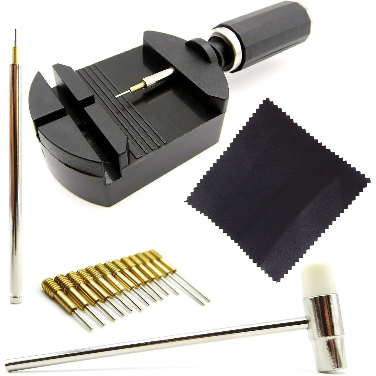 19-in-1 Watch Link Removal Kit with Hammer, Watch Band Holder, Cleaning Cloth & Spare , Adjustable Watch Strap Tool Set with Manual for Pin Removal and Bracelet Length Adjustment