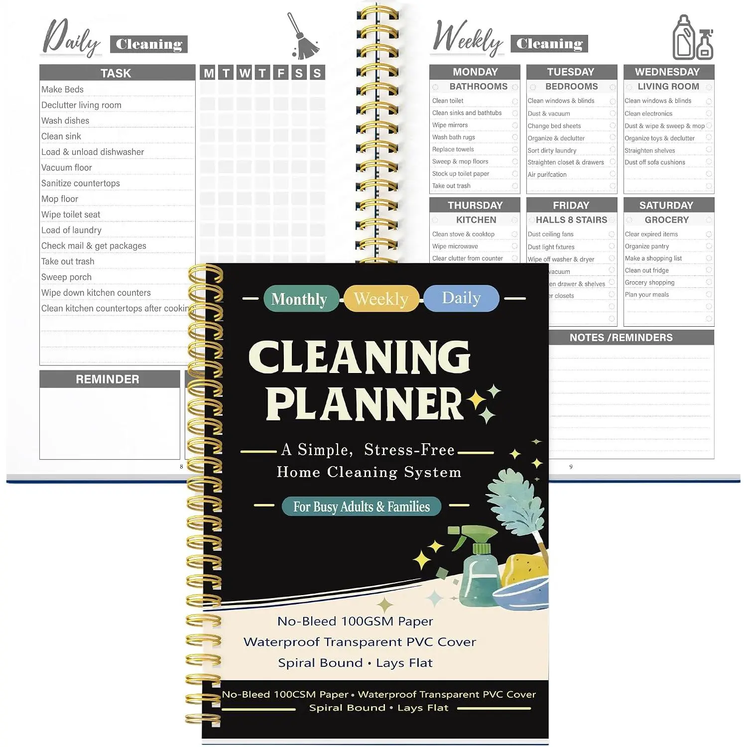 Cleaning Planner & Chore Checklist Organizer – Monthly Weekly Daily Cleaning Schedule Notebook, No-Bleed 100GSM Paper,  Transparent PVC Cover, Spiral Bound  Cleaning Planner for Busy Families