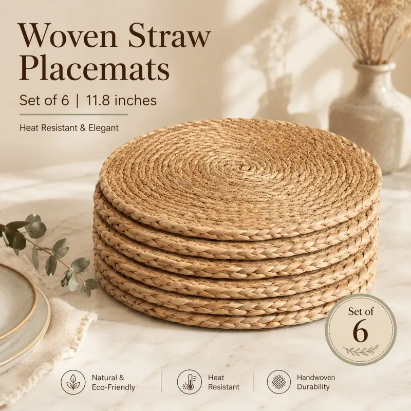6-Piece Rustic Woven Placemats, heat insulation and elegant minimalist style. Perfect for countryside style table decoration, Heat Resistant Placemat