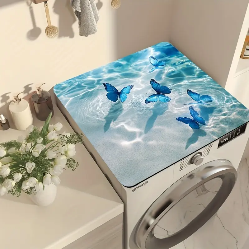 1pc Waterproof Washing Machine Top Cover Protector Pad with Blue Butterfly Water Ripple - Dustproof Suitable for Laundry Room, Washing Machine Cover, Decorative Appliance Protector for Dishwasher, Dryer, Washing Machine Mat