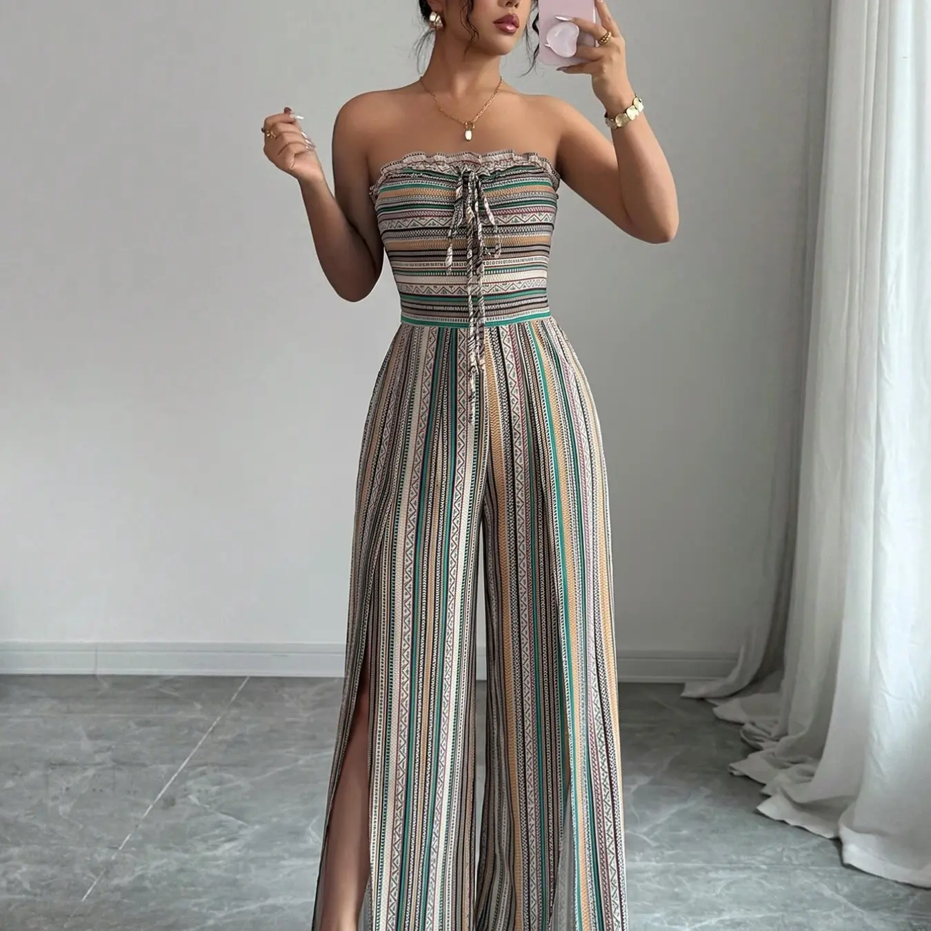 Breathable Flowy Wide Leg Geometric Printed Jumpsuit, Sleeveless Boho Style, Fit, High Waist, Leaf Print, Split Thigh Slit, Perfect for Beach, Work, Date Night