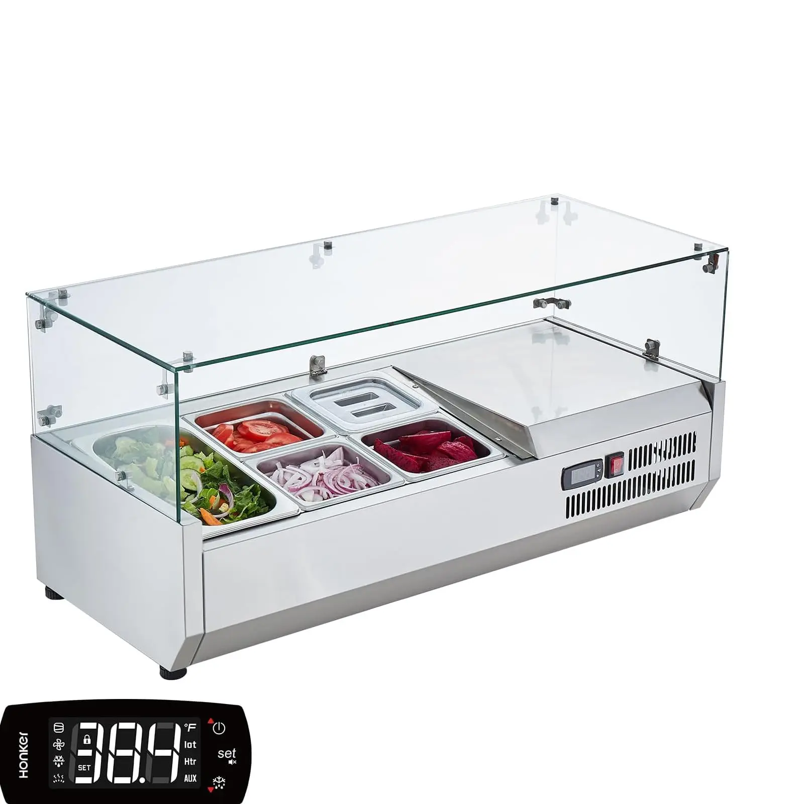 ETL Certified Commercial Refrigerated Prep Station - 39" Stainless Steel Countertop Salad Bar with 5 Pans & Glass Guard - Professional Food Service Cooler for Restaurant, Buffet, Kitchen, Storage, Cooling