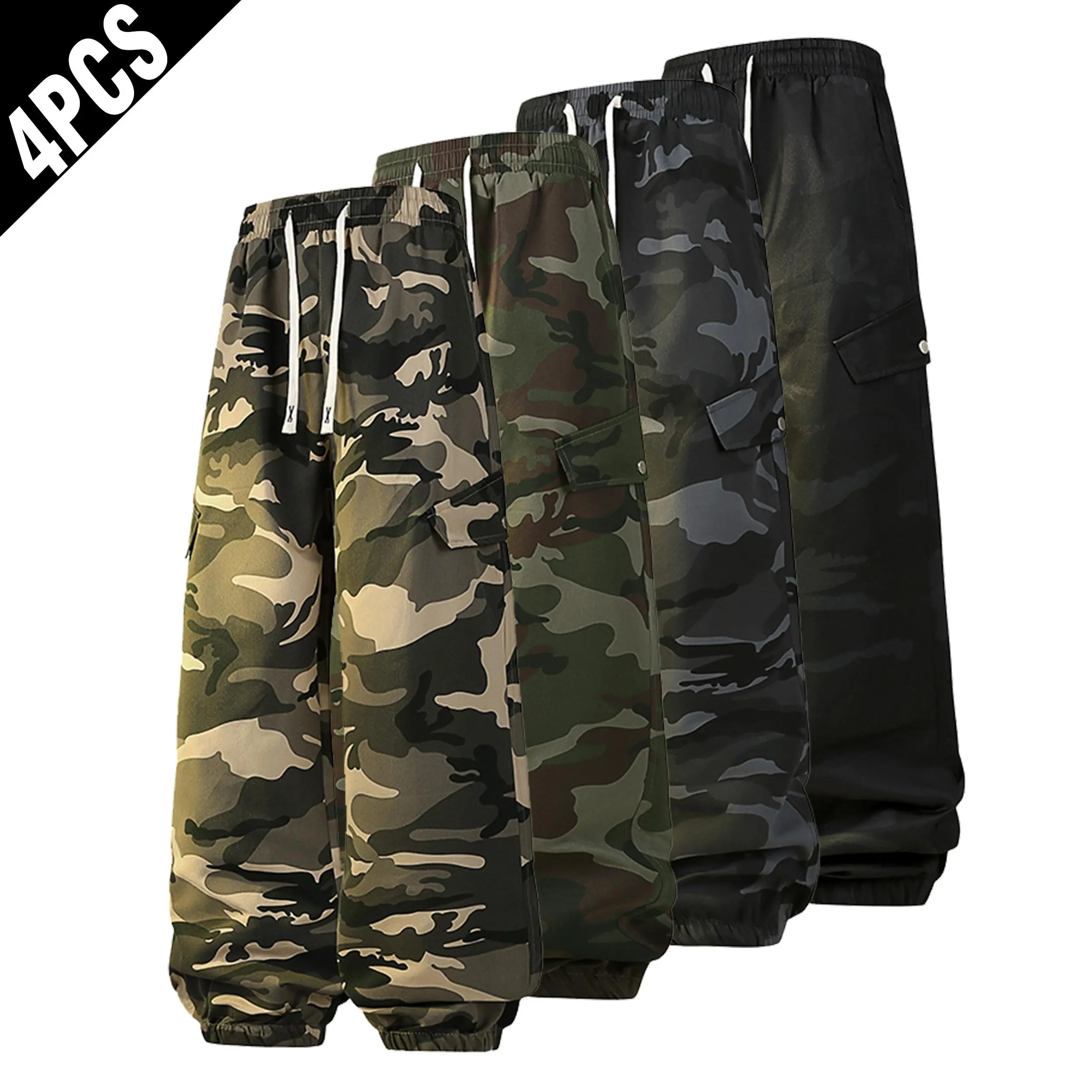 4 Pack Camo Cargo Jogger Pants, Men Loose Baggy Camo Work Pants, Elastic Waist Drawstring Streetwear Parachute Sweatpants with Big Pockets