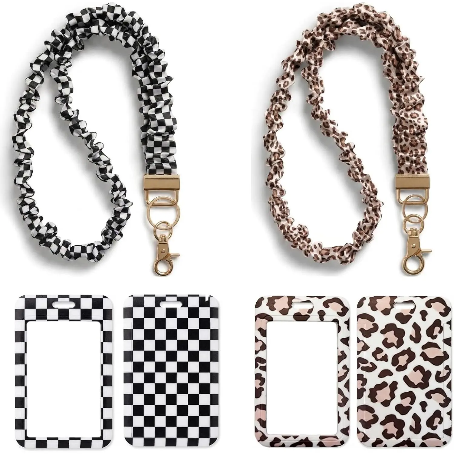 2 count Scrunchie Lanyard with ID Badge Holder, Cute Retractable  Stretchy Teacher Lanyard, Ideal for Women Teachers Nurse Gifts Work School Office (Checkered  and Leopard)