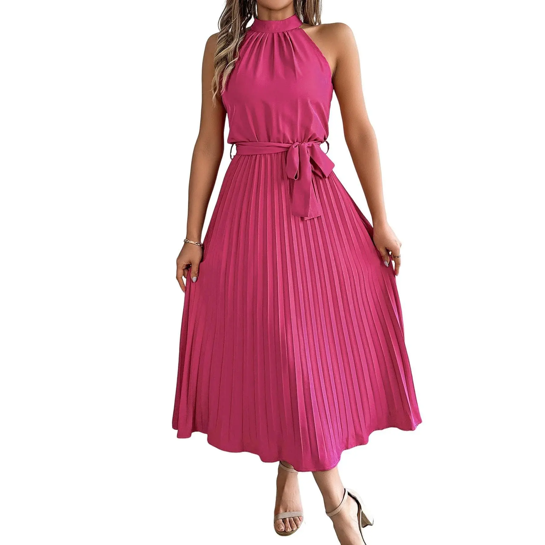 Limited-time clearance sale Yesfashion Women's Stand Collar Sleeveless Pleated Stretchy Midi Dress - Adjustable Waist Tie, Slim Fit, Solid Color, 95% Polyester 5% Elastane, Feminine Elegant Style for Day & Summer Daily Wear vacation wear casual