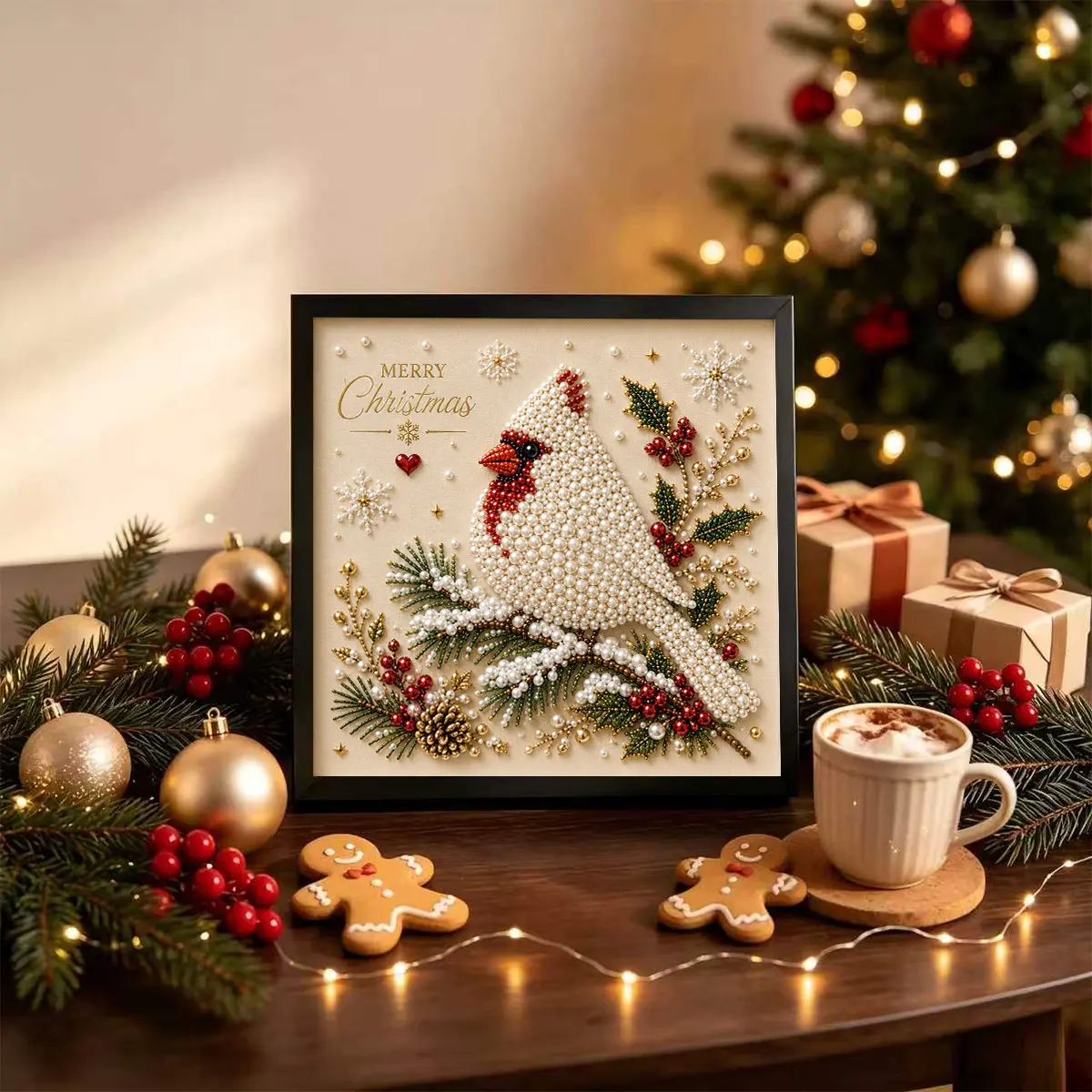 Christmas Pearl Art DIY Kit, Cardinal Bird 5D Diamond Painting, Adult Craft, Handicraft, Fall Home Decor, Stress Relief, Party Gift, No Frame Included