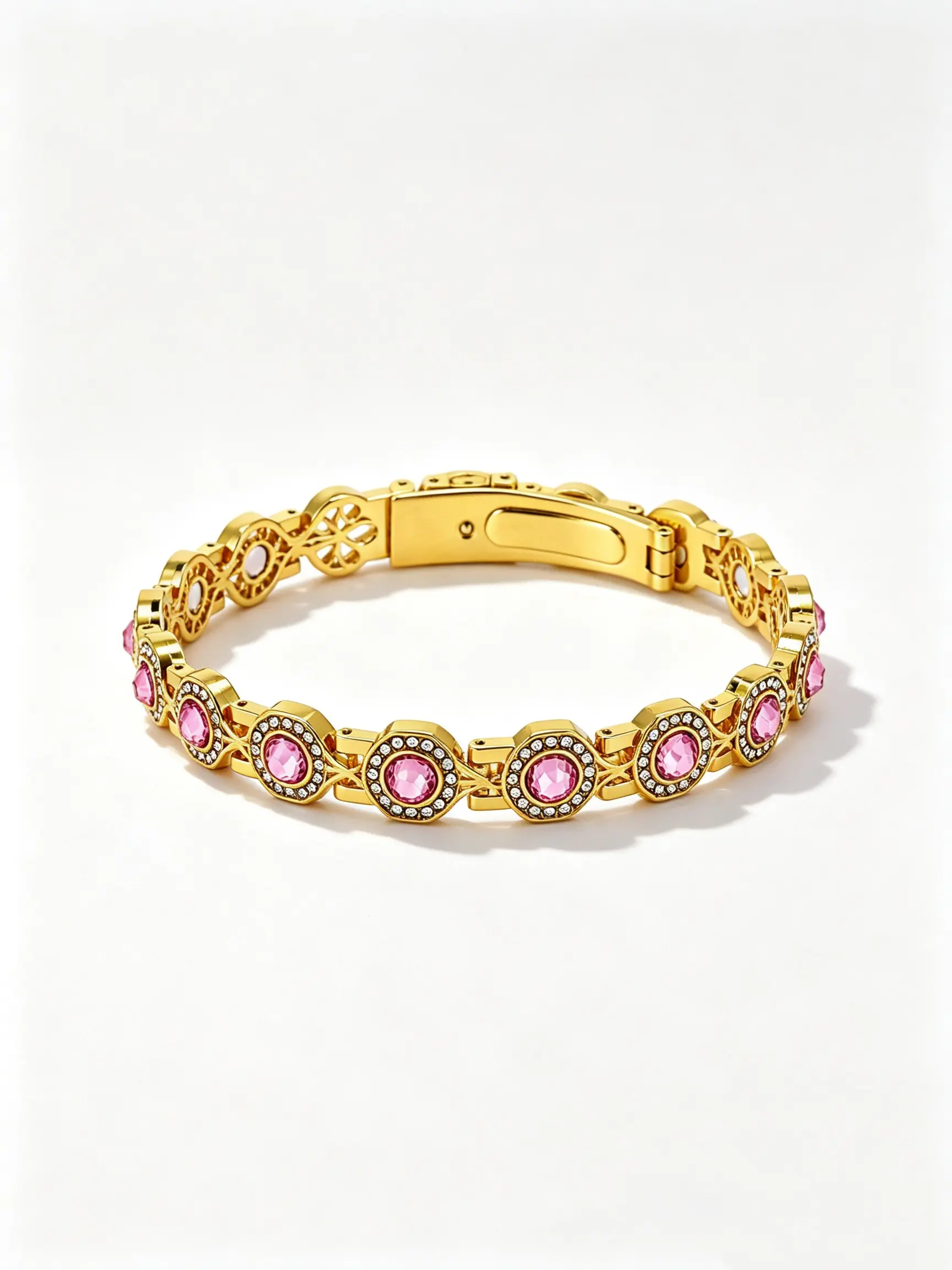 💘Elegant Ornate Gold Hinged Bangle Bracelet, Bright Pink Central Rhinestones Framed By Sparkly CZ Stones, Retro Aesthetic Piece For Wedding Guest & Special Gathering Occasions✨