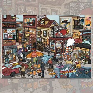 Vintage American Comic Downtown Street Scene Layering Stickers, Retro Urban Block Building Storefront Secnery Stickers for Junk Journal Scrapbook Planner DIY Collage Art