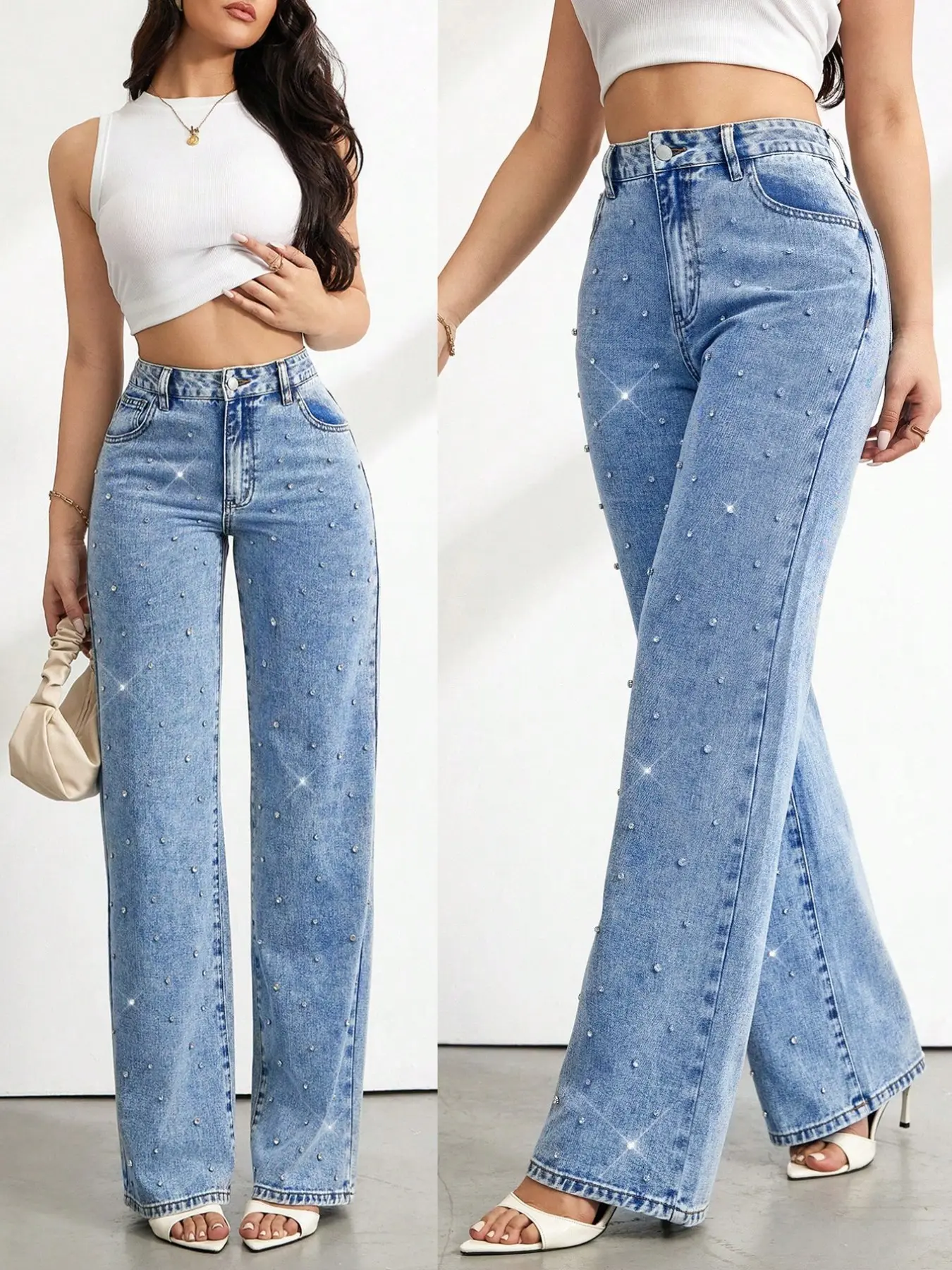 Tall Women's Y2K High-Waisted Wide-Leg Light Wash Denim Jeans, Rhinestone Embellished, Casual Party Summer Wear, Pockets, Straight Leg Loose Fit