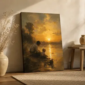 Vintage Oil Painting Father And Daughter Fishing By Sunset Lake Canvas Wall Art, Warm Nostalgic Family Bond Scene Poster, Rustic Farmhouse Home Decor, Available as Unframed Canvas Poster or Framed Canvas Wrap